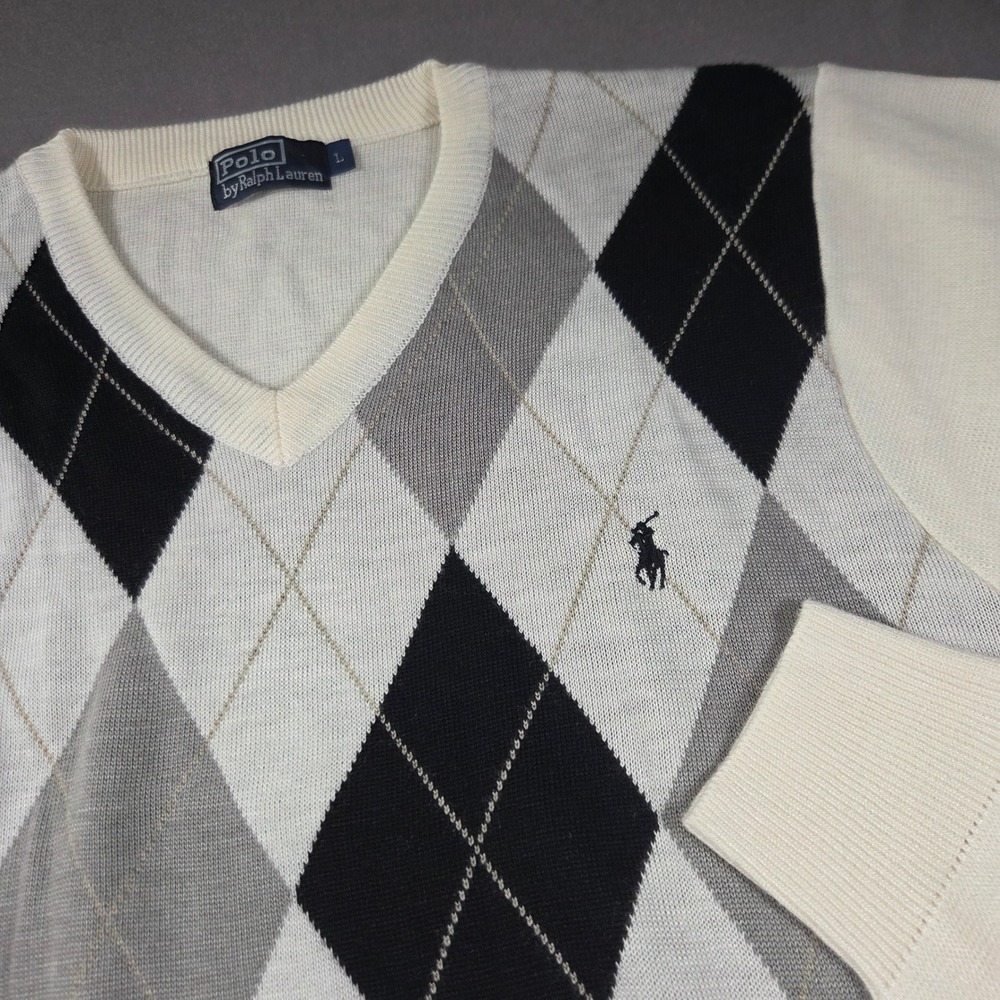 VTG Polo Ralph Lauren Mens Argyle VNeck Sweater Cream Black Grey Pony Logo Large